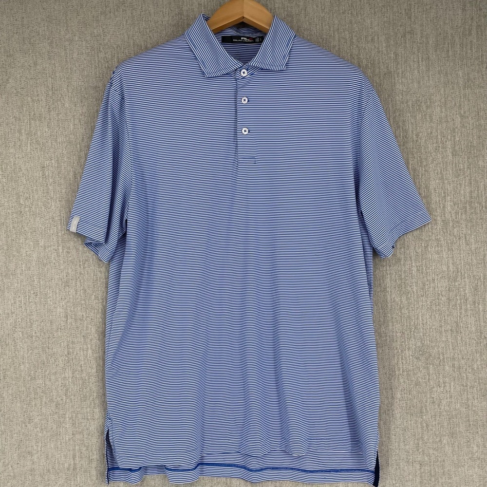 RLX Ralph Lauren Striped Performance Polo Shirt Men L Blue White Wicking Stretch